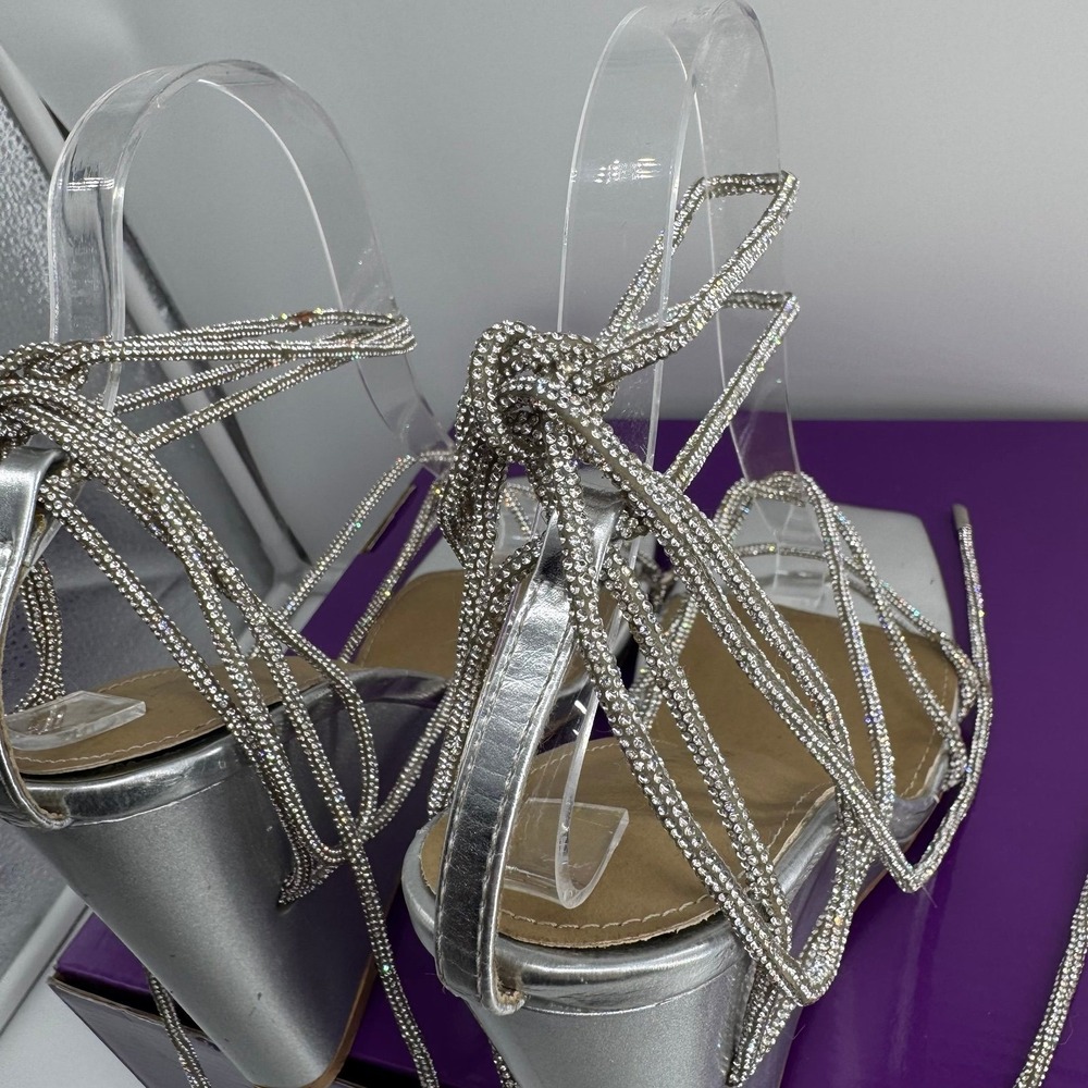Fashion Nova Twila Silver Metallic Rhinestone Wrap Up Wedge Heels Size 9 - Picture 9 of 12